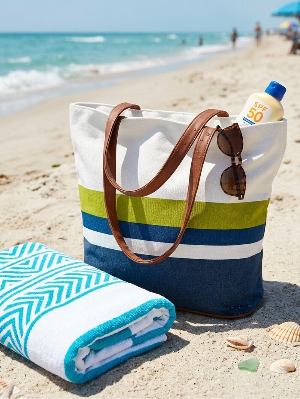 Canvas Striped Tote Bag For Summer, Beach, Vacation